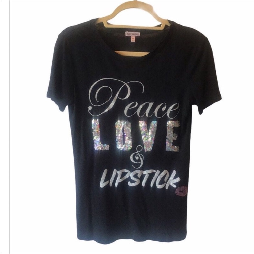 Juicy Couture Black Short Sleeve Top 'Peace Love & Lipstick' Size XS